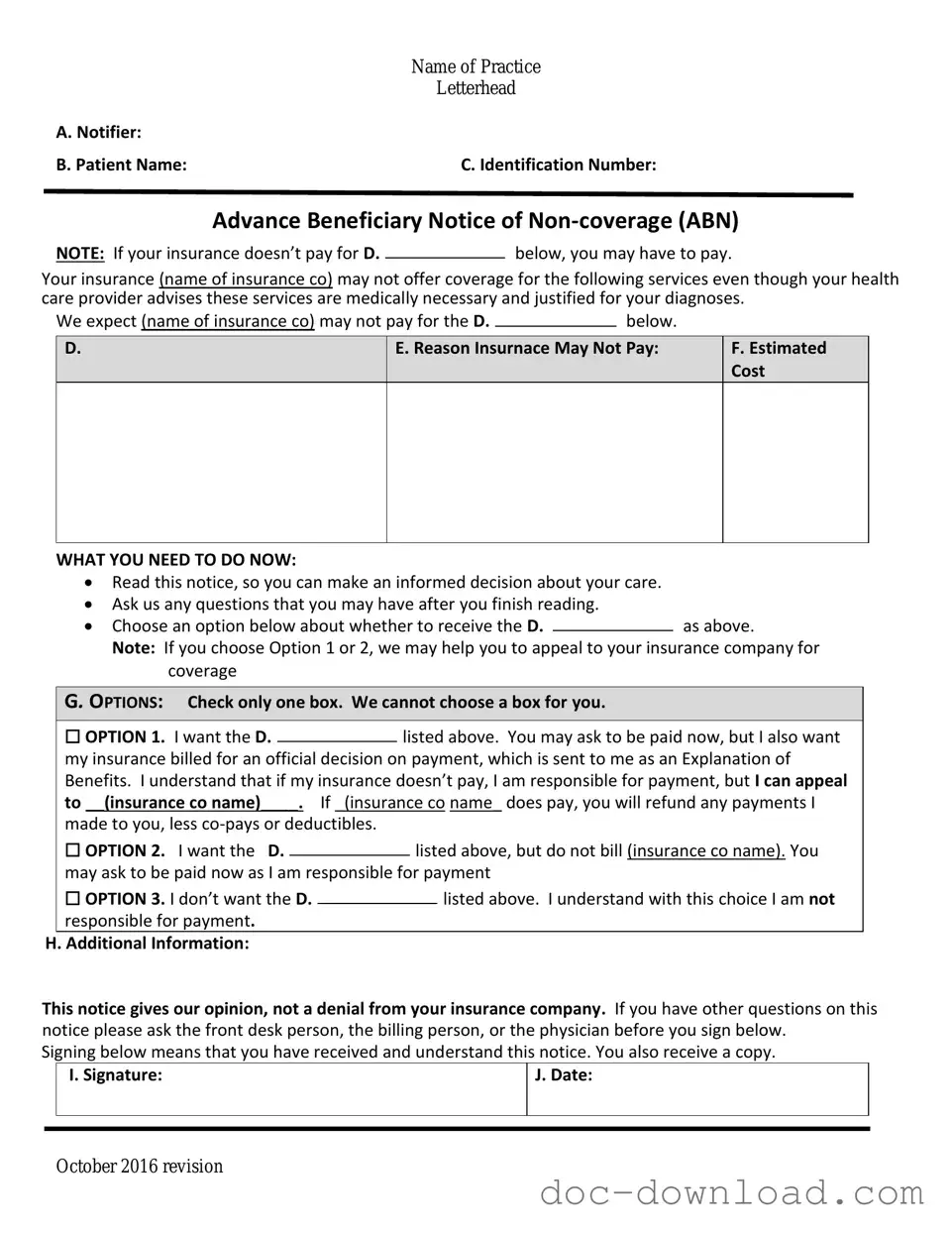 Fill Out Your Advance Beneficiary Notice of Non-coverage Template