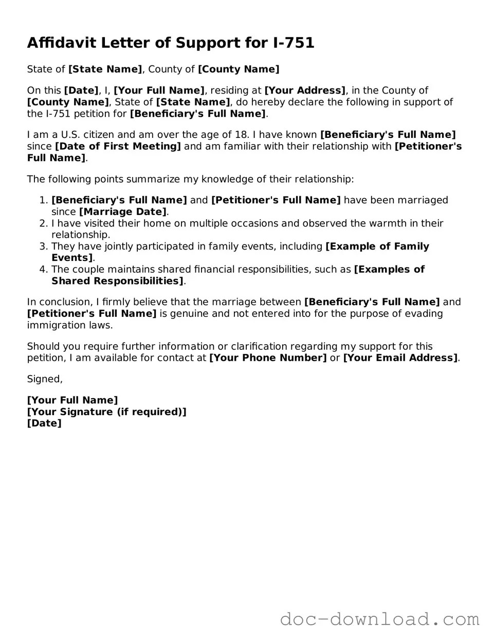 Printable Affidavit Letter of Support for I-751 Template