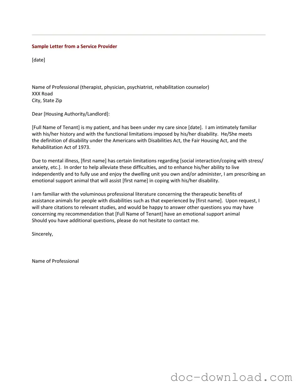 Fill Out Your Emotional Support Animal Letter Template