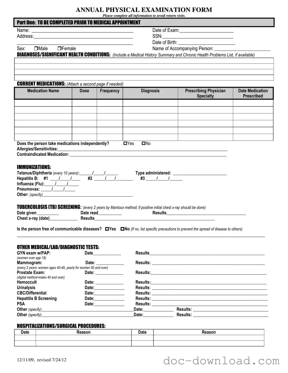 Fill Out Your Annual Physical Examination Template