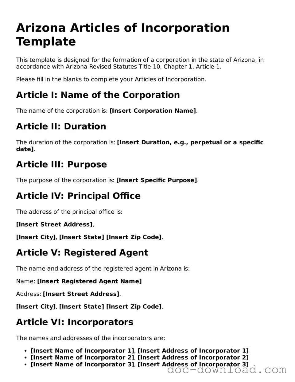 Blank  Articles of Incorporation Document for Arizona