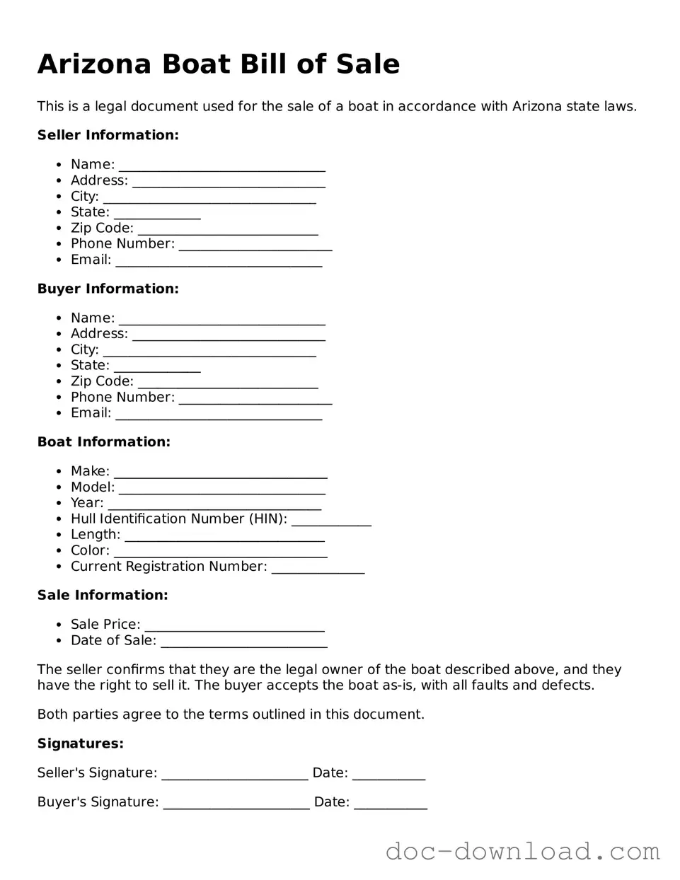 Blank  Boat Bill of Sale Document for Arizona
