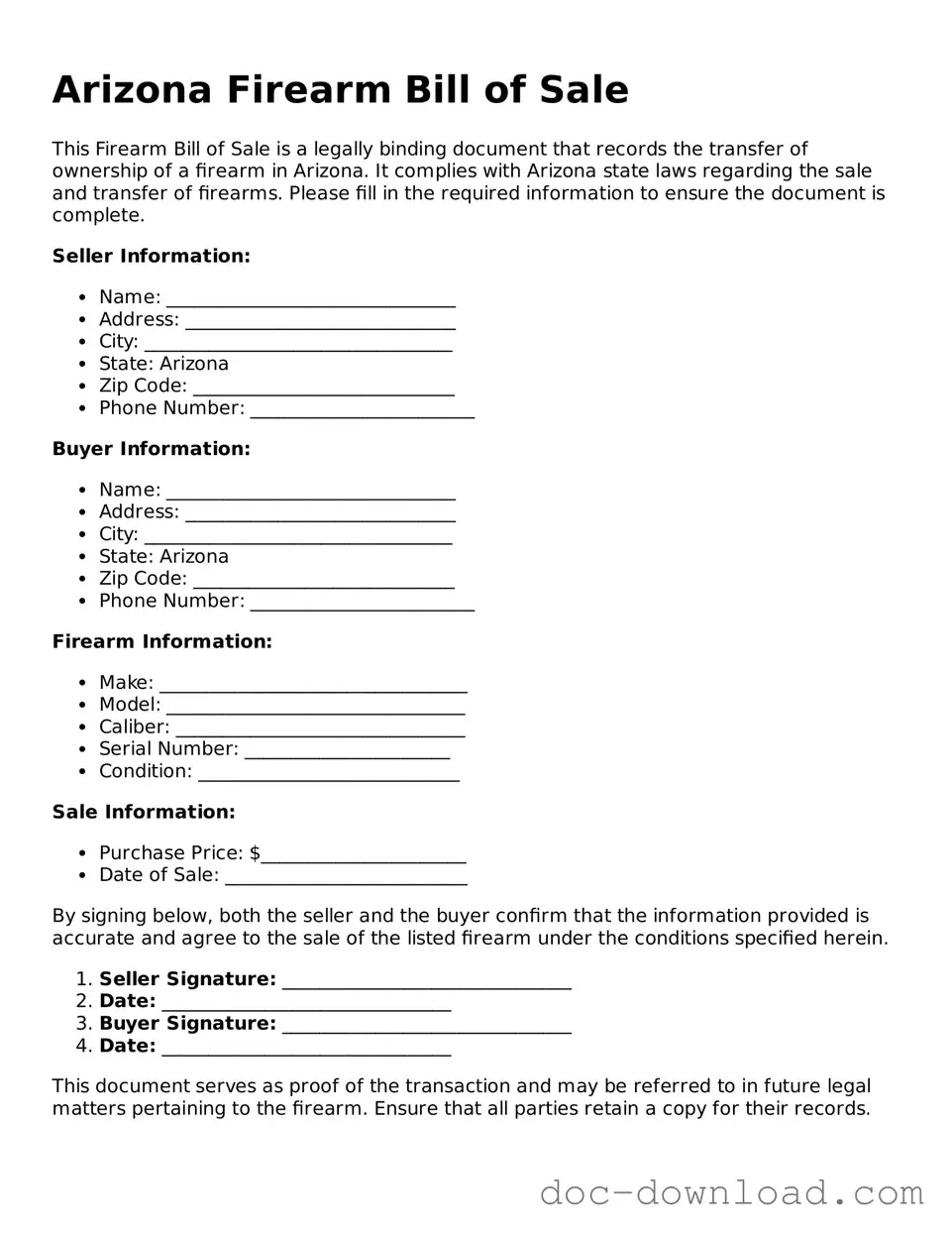Blank  Firearm Bill of Sale Document for Arizona