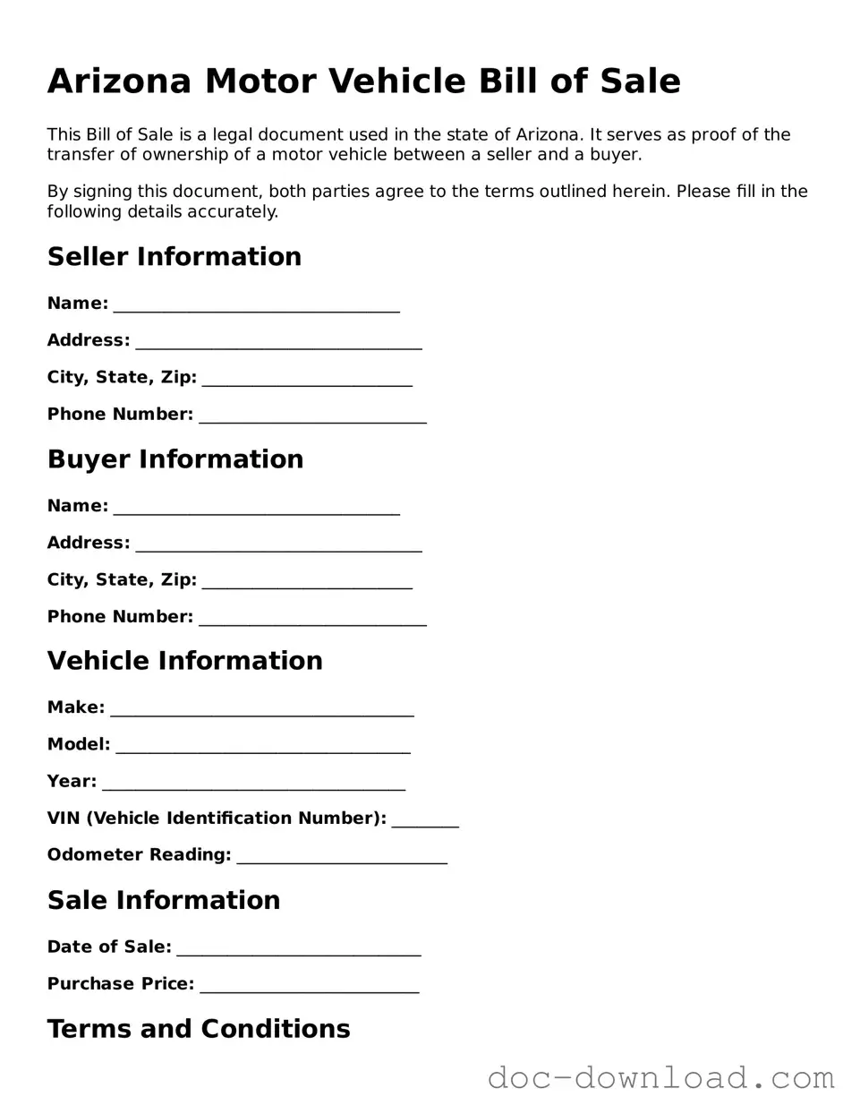 Blank  Motor Vehicle Bill of Sale Document for Arizona