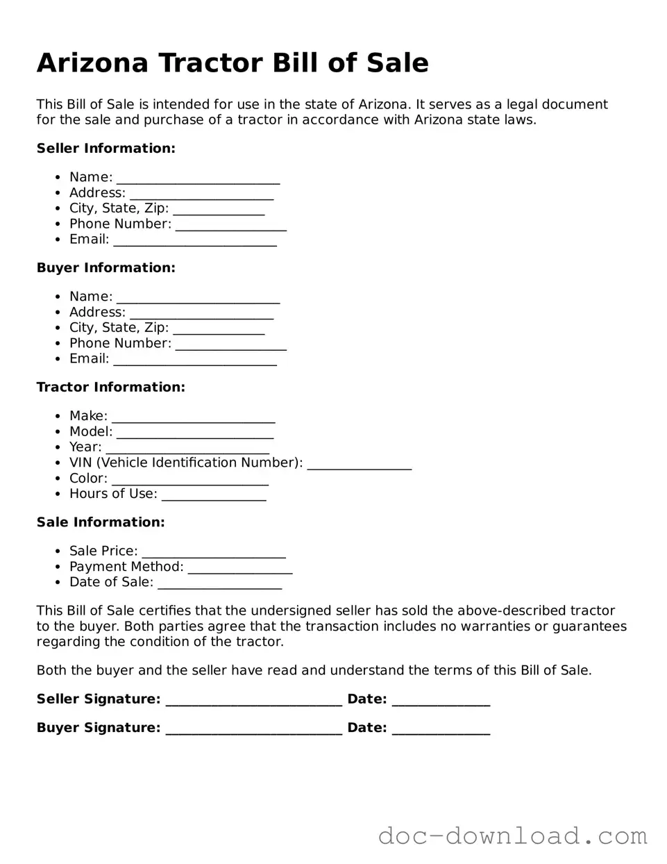 Blank  Tractor Bill of Sale Document for Arizona