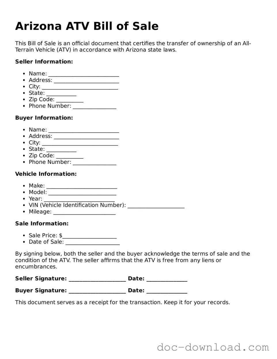 Blank  ATV Bill of Sale Document for Arizona