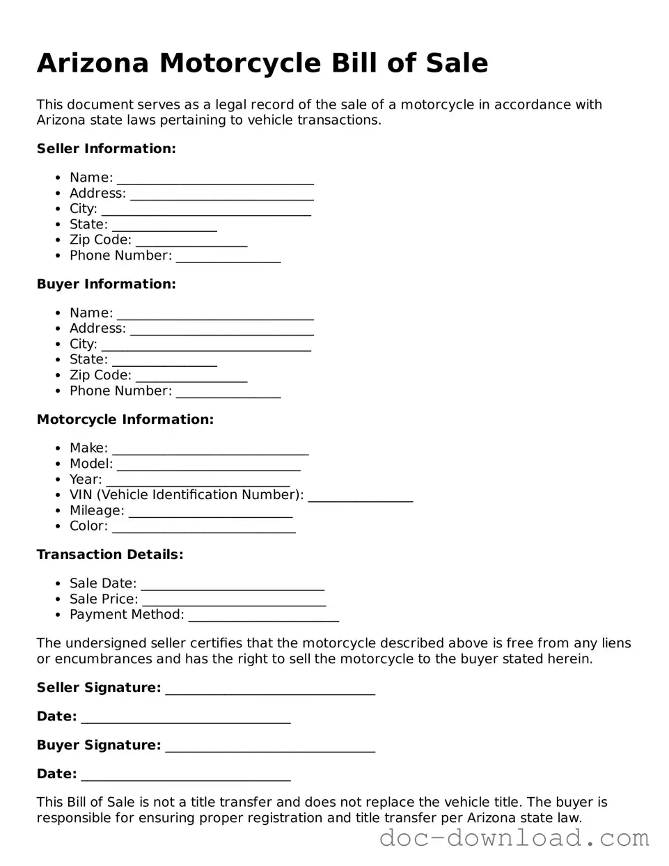 Blank  Motorcycle Bill of Sale Document for Arizona