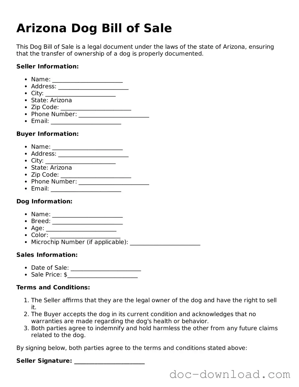 Blank  Dog Bill of Sale Document for Arizona