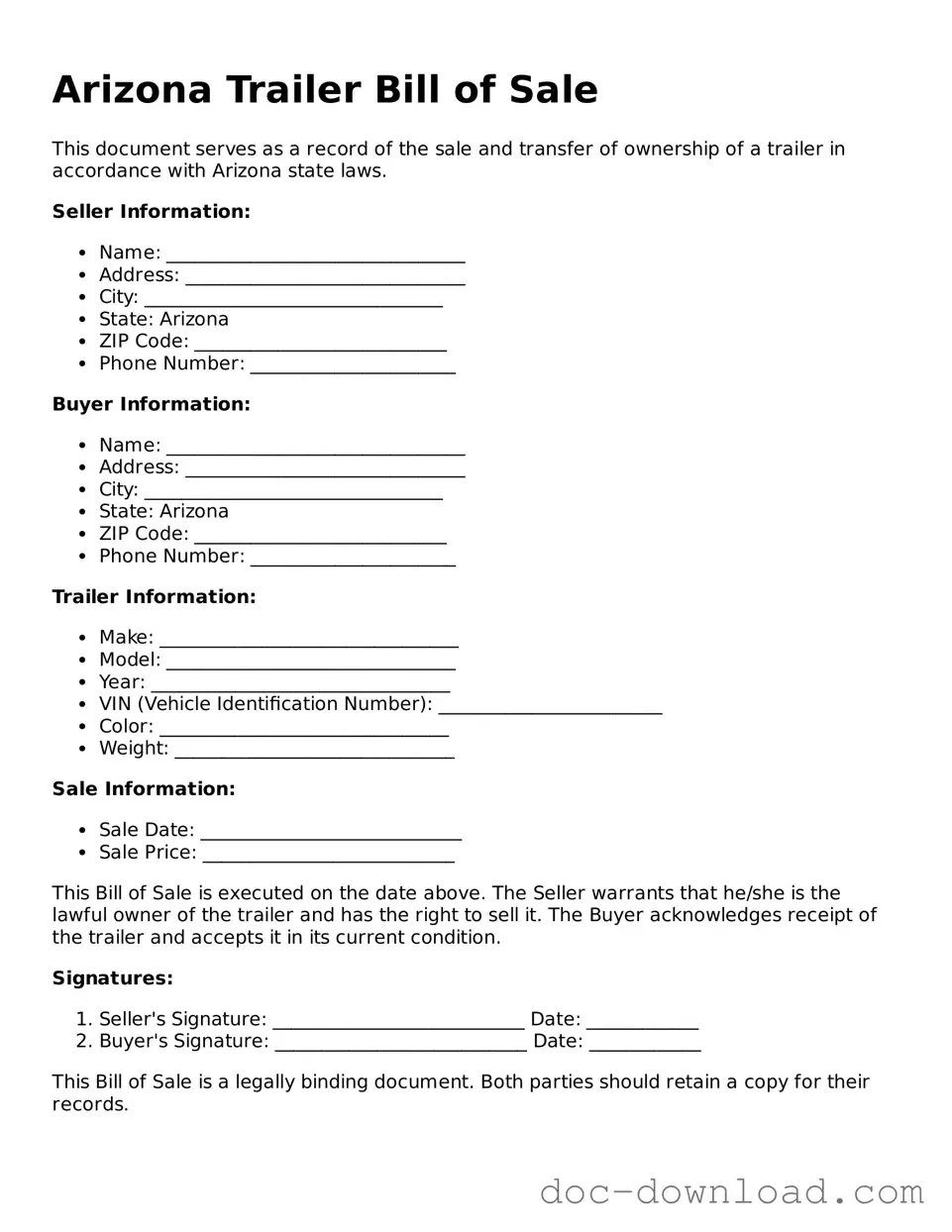 Blank  Trailer Bill of Sale Document for Arizona