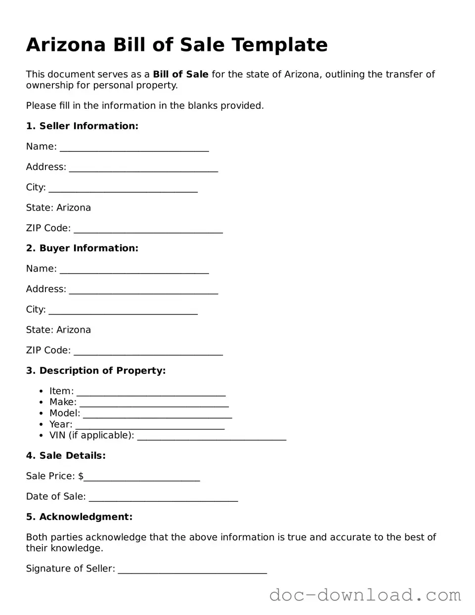 Blank  Bill of Sale Document for Arizona