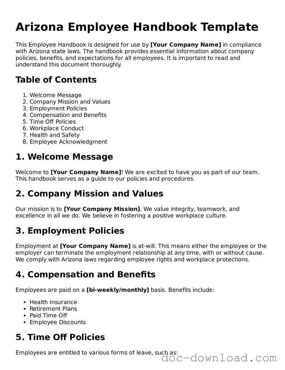 Blank  Employee Handbook Document for Arizona