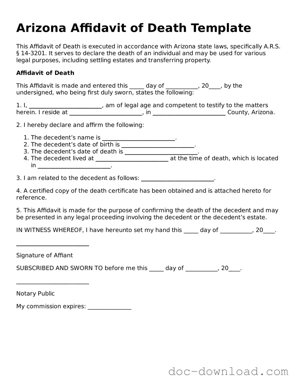Blank  Affidavit of Death Document for Arizona