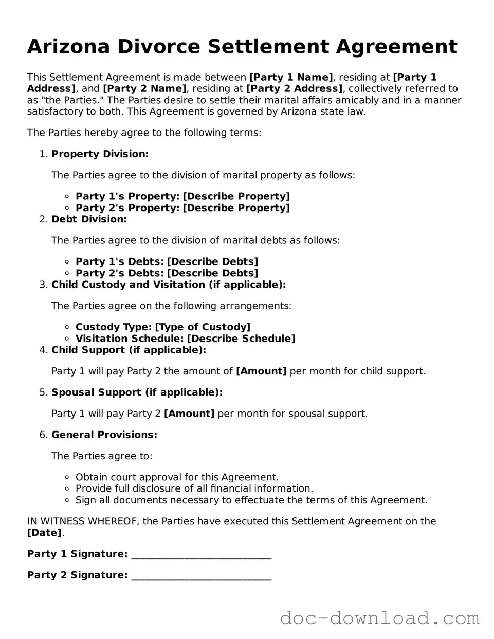 Blank  Divorce Settlement Agreement Document for Arizona