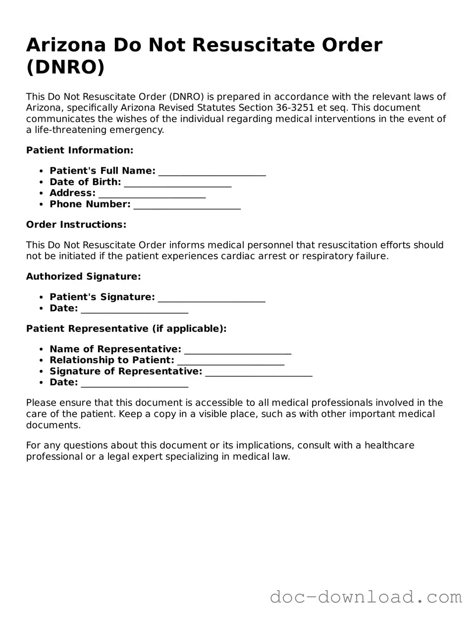 Blank  Do Not Resuscitate Order Document for Arizona