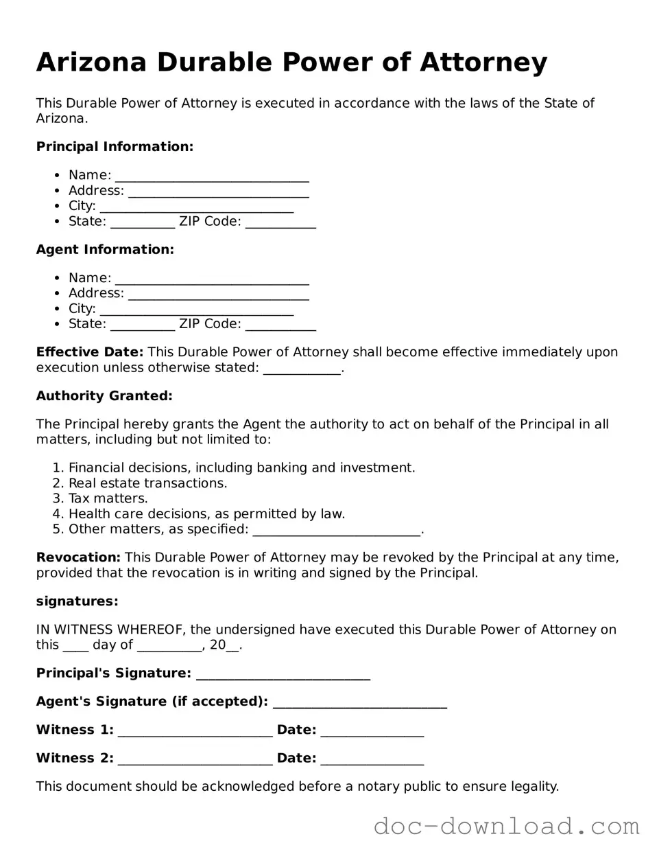 Blank  Durable Power of Attorney Document for Arizona