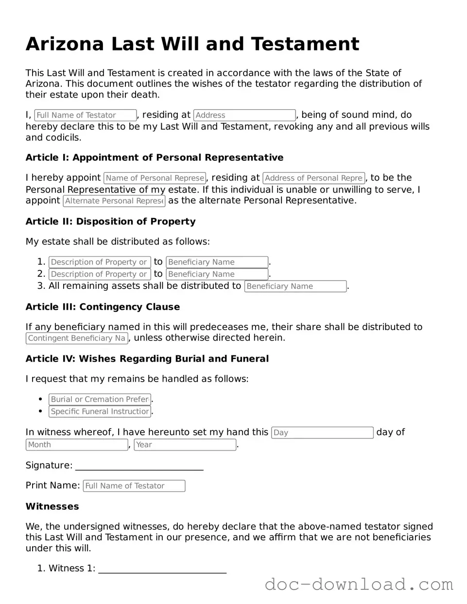 Blank  Last Will and Testament Document for Arizona