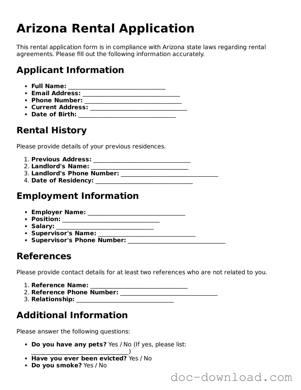 Blank  Rental Application Document for Arizona