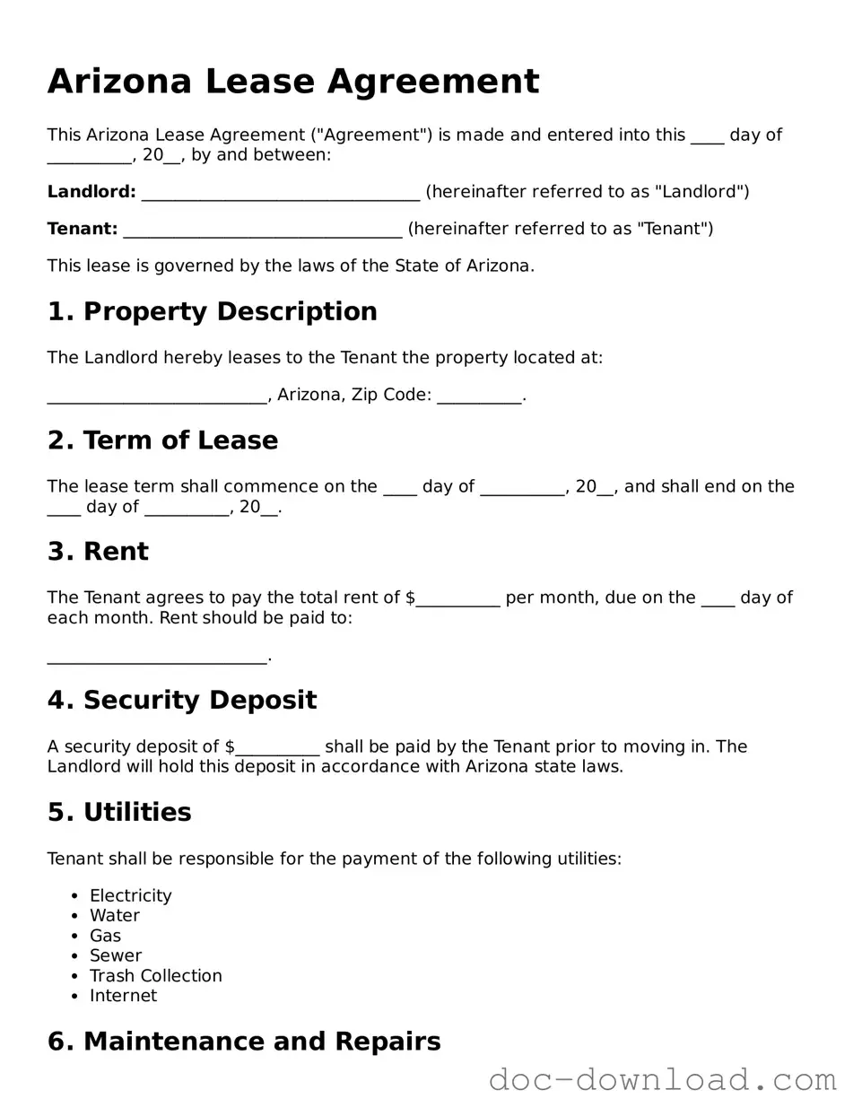 Blank  Lease Agreement Document for Arizona