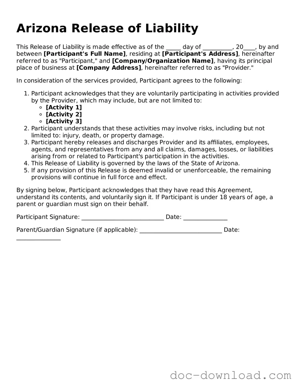 Blank  Release of Liability Document for Arizona