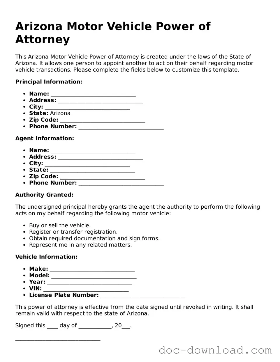 Blank  Motor Vehicle Power of Attorney Document for Arizona