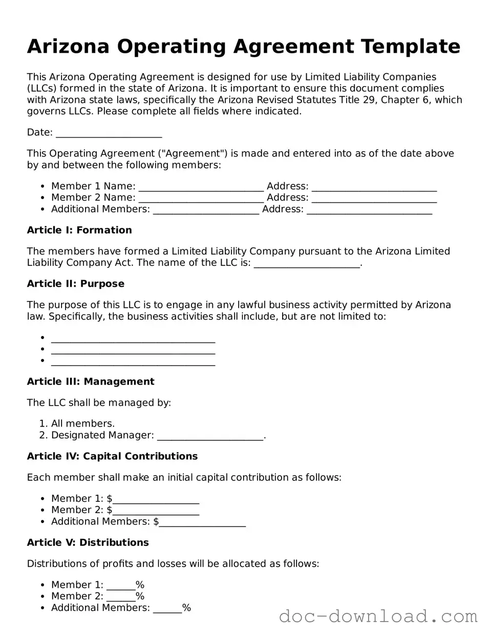 Blank  Operating Agreement Document for Arizona