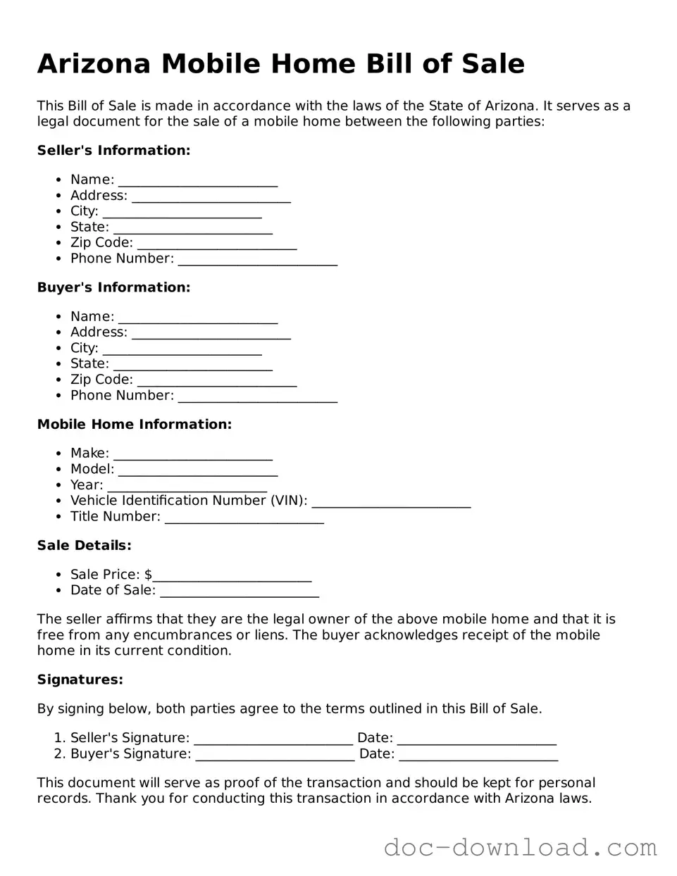 Blank  Mobile Home Bill of Sale Document for Arizona