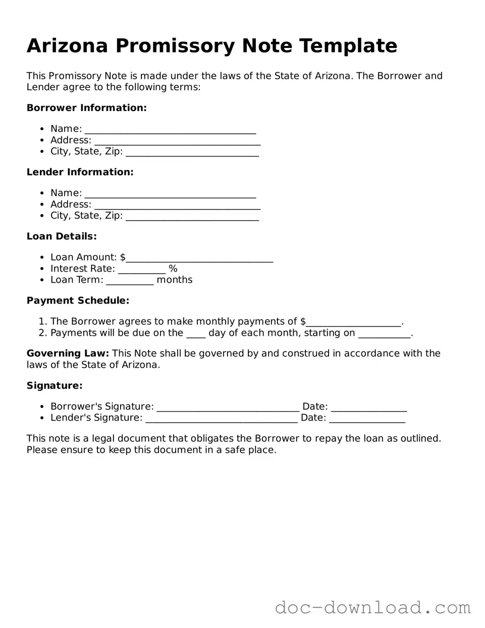 Blank  Promissory Note Document for Arizona