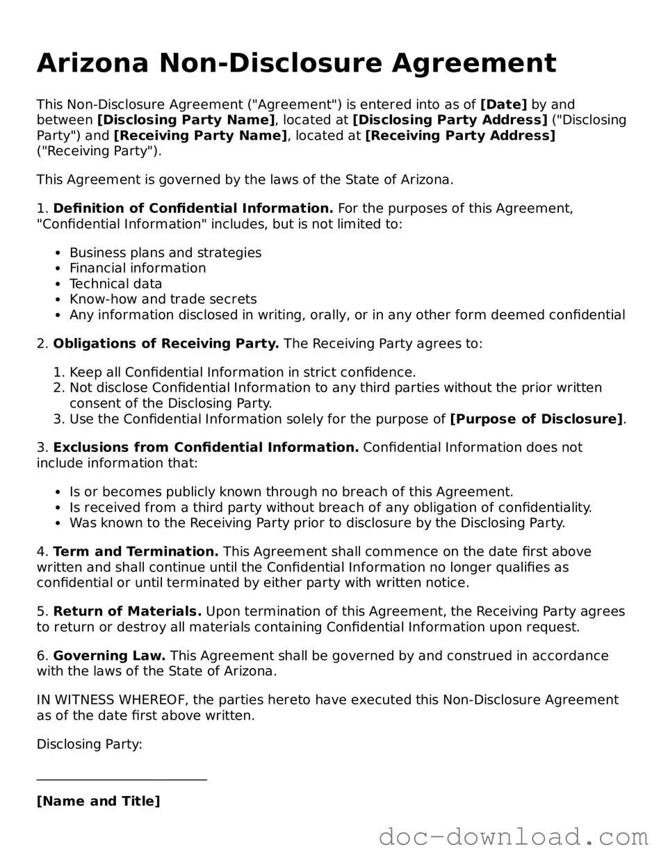 Blank  Non-disclosure Agreement Document for Arizona