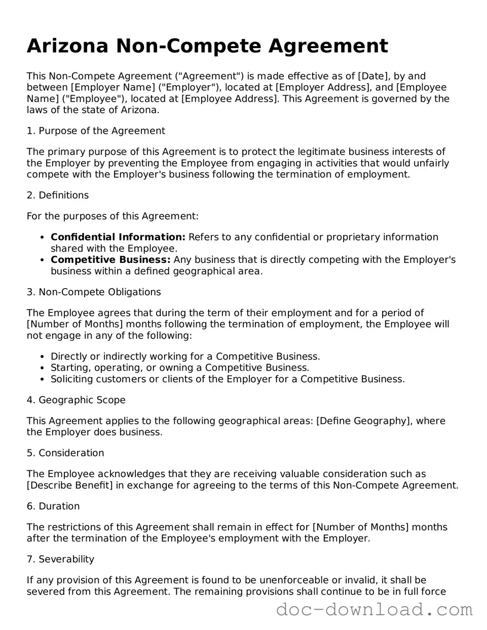 Blank  Non-compete Agreement Document for Arizona