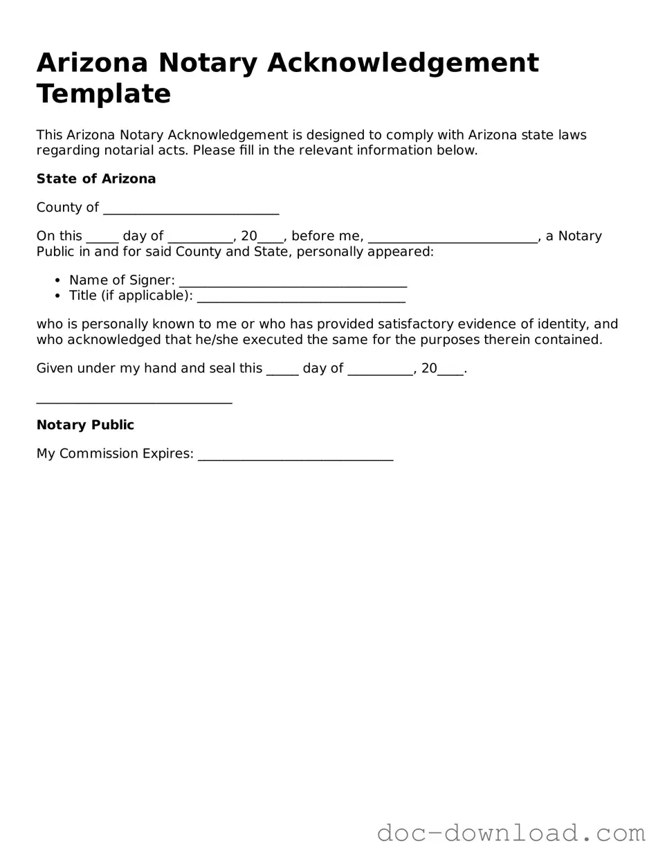 Blank  Notary Acknowledgement Document for Arizona