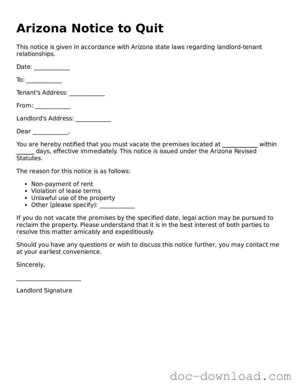 Blank  Notice to Quit Document for Arizona