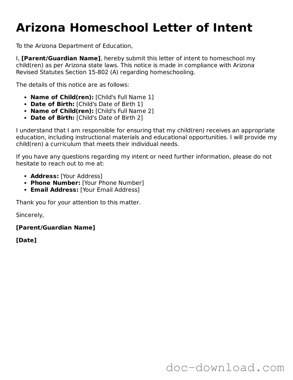 Blank  Homeschool Letter of Intent Document for Arizona