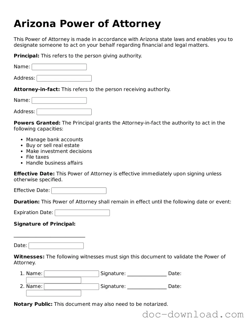 Blank  Power of Attorney Document for Arizona