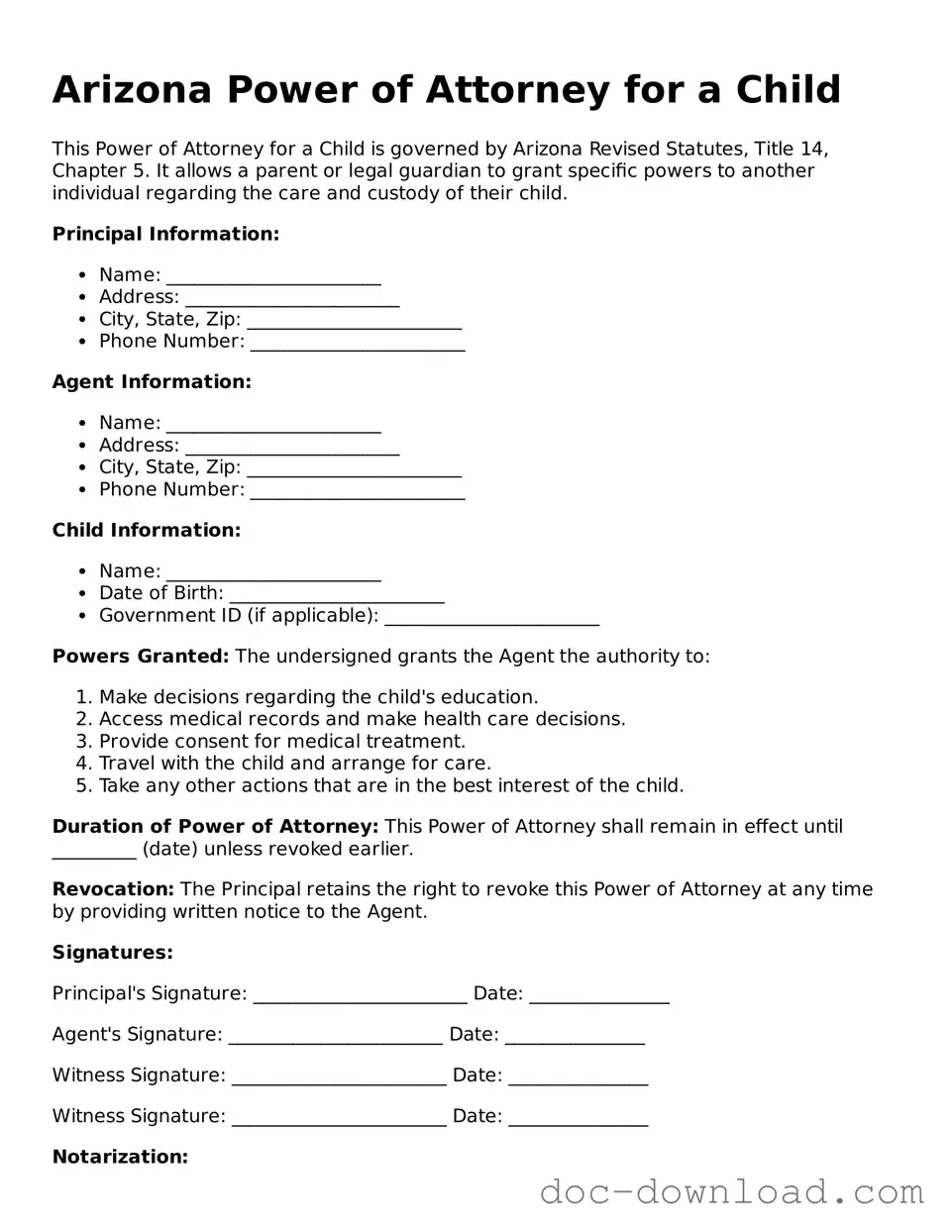 Blank  Power of Attorney for a Child Document for Arizona