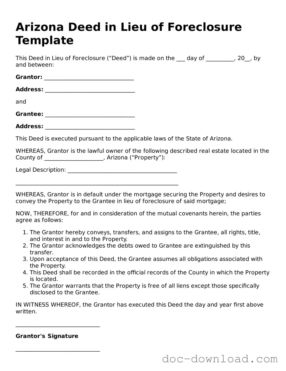 Blank  Deed in Lieu of Foreclosure Document for Arizona