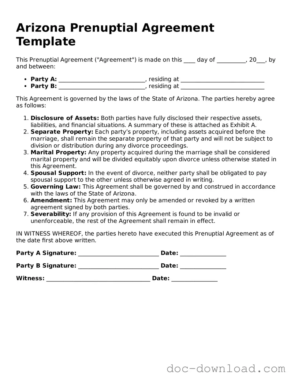 Blank  Prenuptial Agreement Document for Arizona