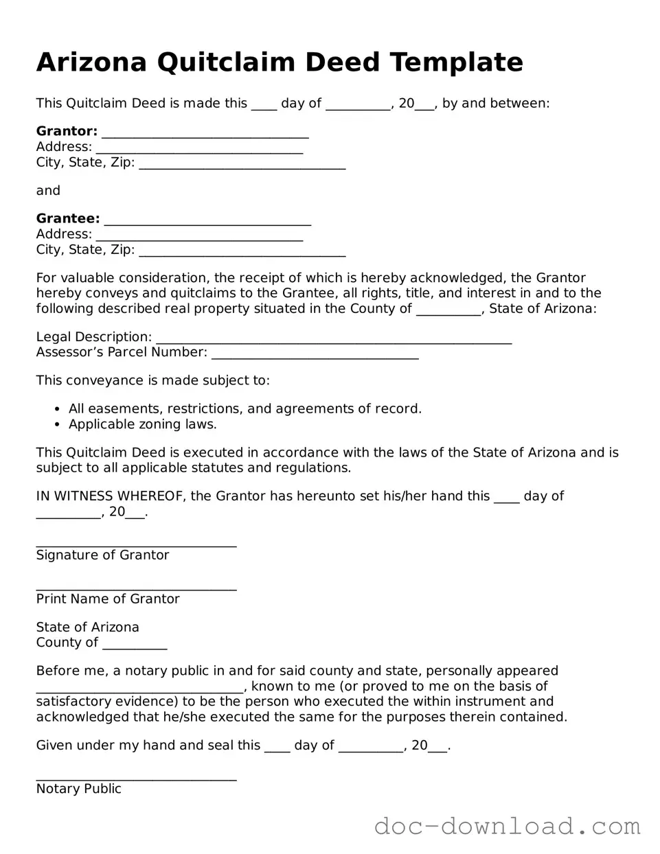 Blank  Quitclaim Deed Document for Arizona
