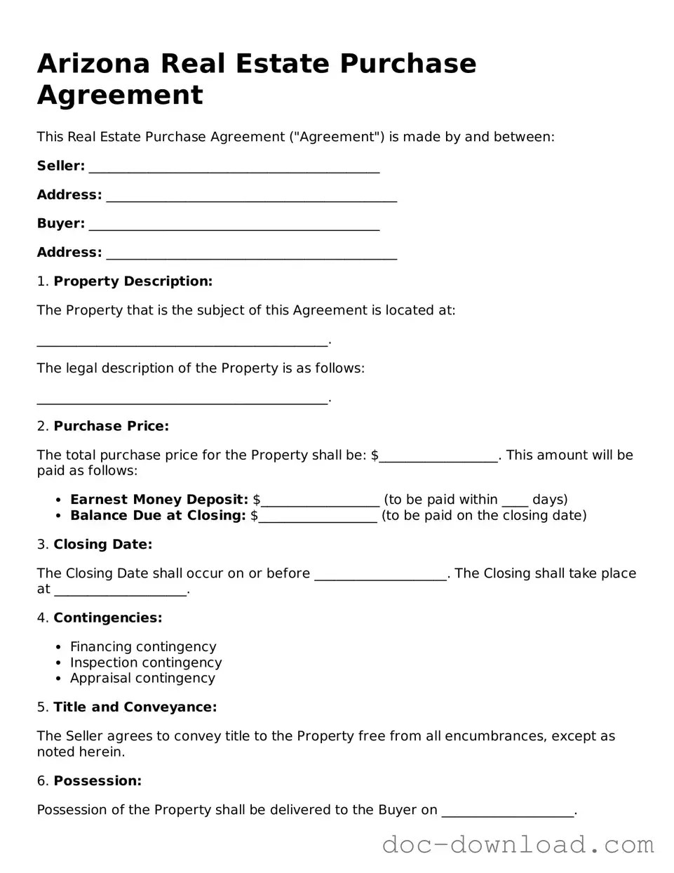 Blank  Real Estate Purchase Agreement Document for Arizona