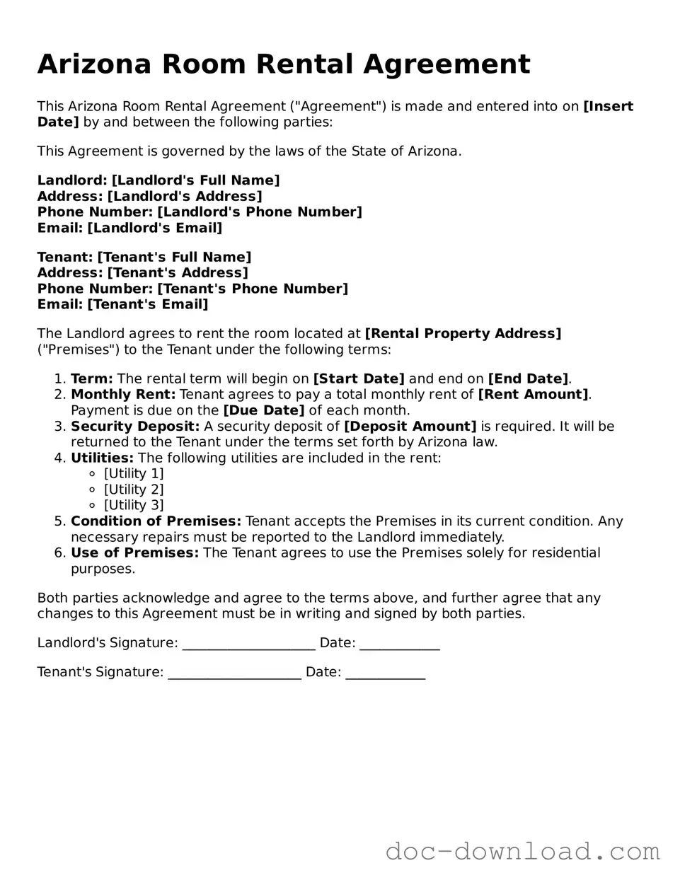 Blank  Room Rental Agreement Document for Arizona