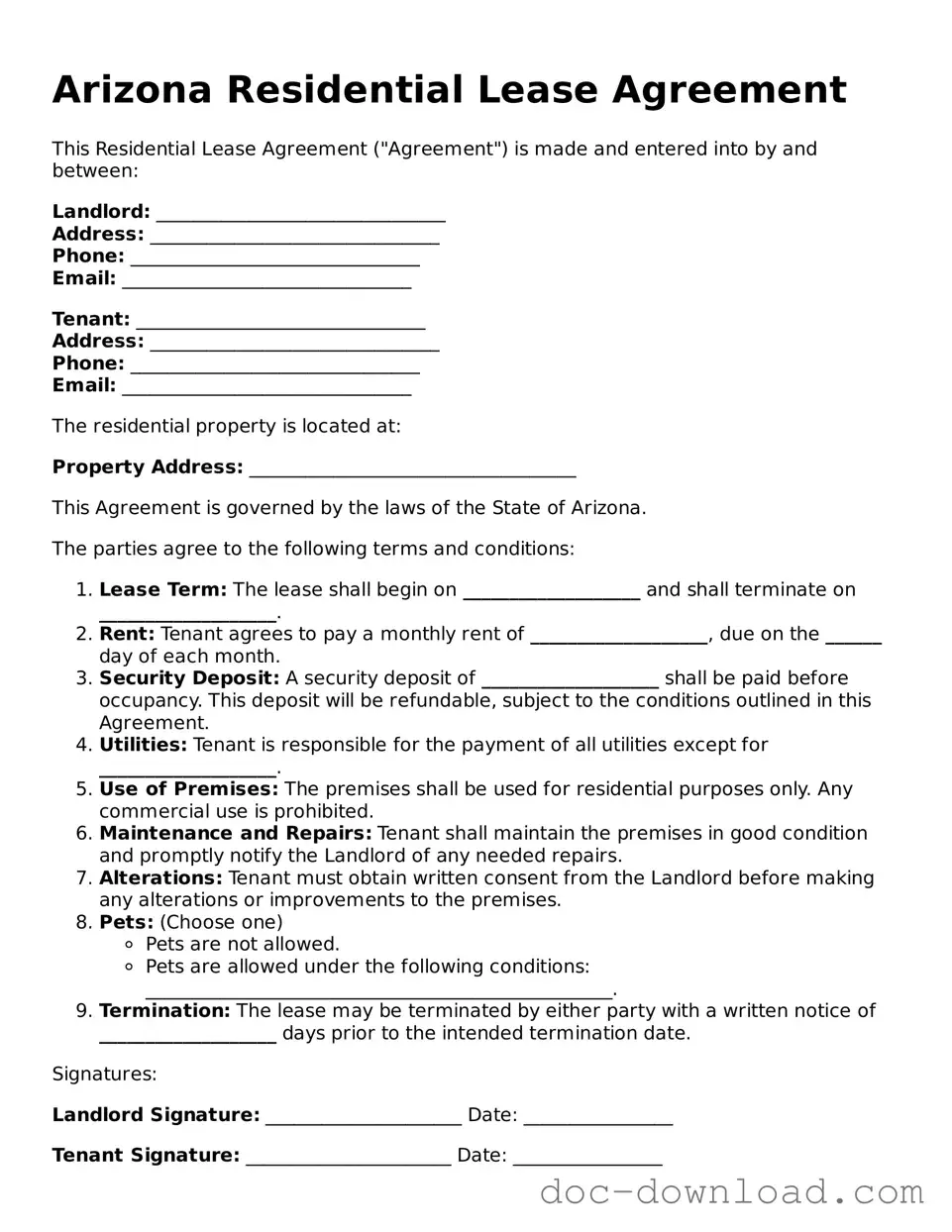 Blank  Residential Lease Agreement Document for Arizona