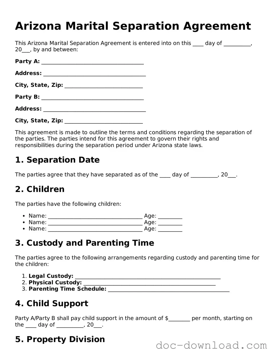 Blank  Marital Separation Agreement Document for Arizona