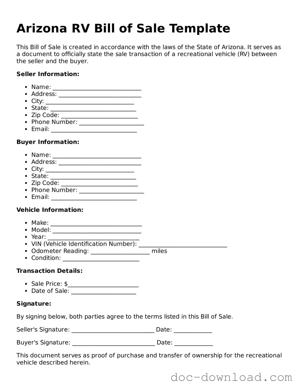 Blank  RV Bill of Sale Document for Arizona