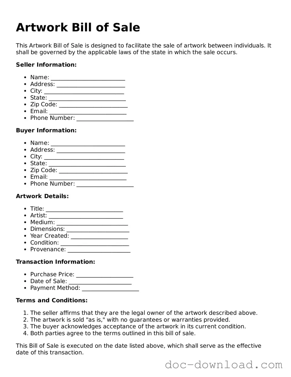 Printable Artwork Bill of Sale Template