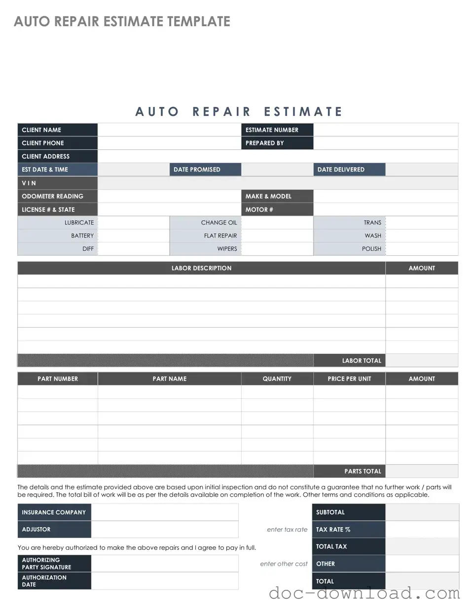 Fill Out Your Auto Repair Estimate Template