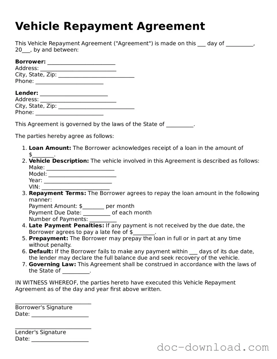Printable Vehicle Repayment Agreement Template
