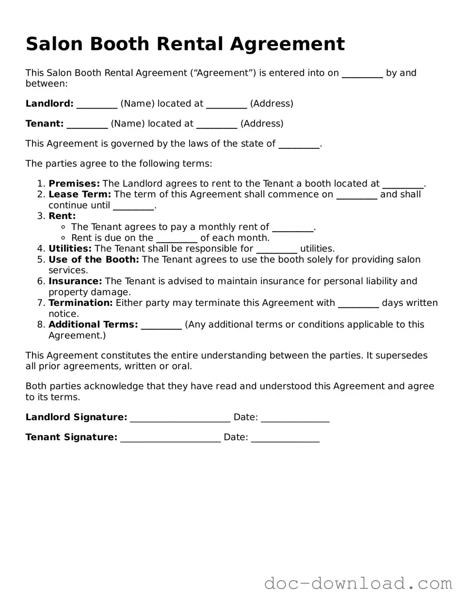Printable Salon Booth Rental Agreement Template