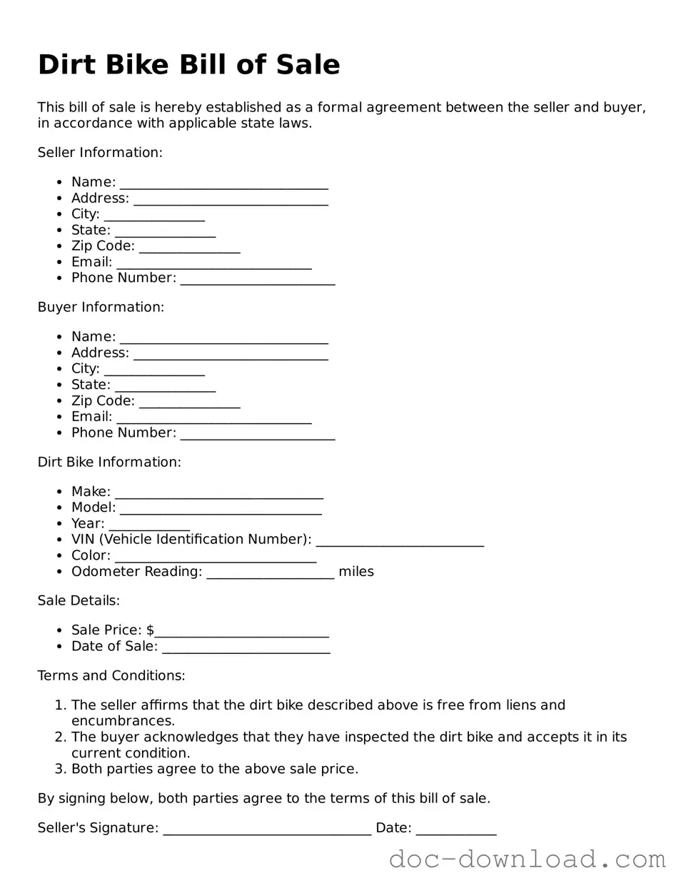 Printable Dirt Bike Bill of Sale Template