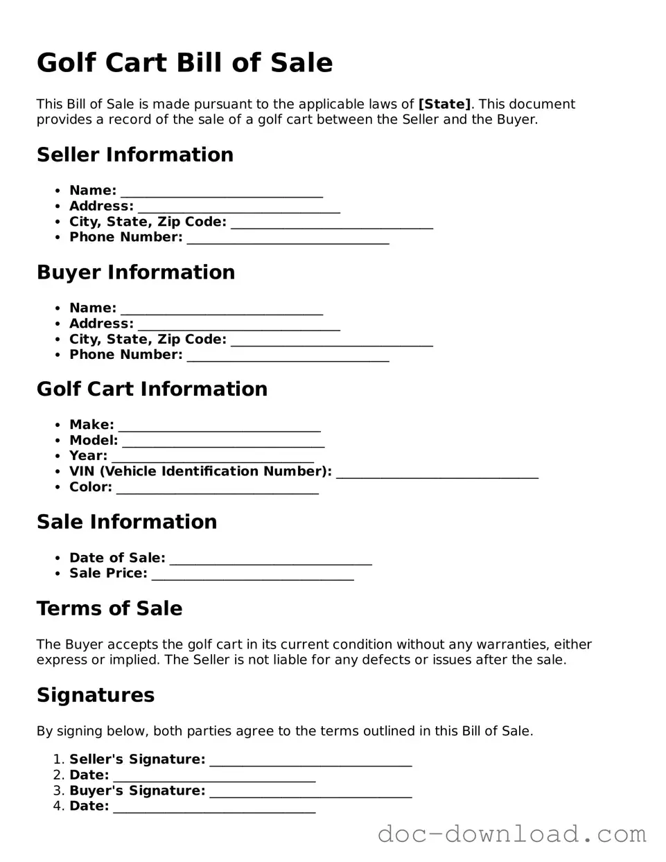 Printable Golf Cart Bill of Sale Template