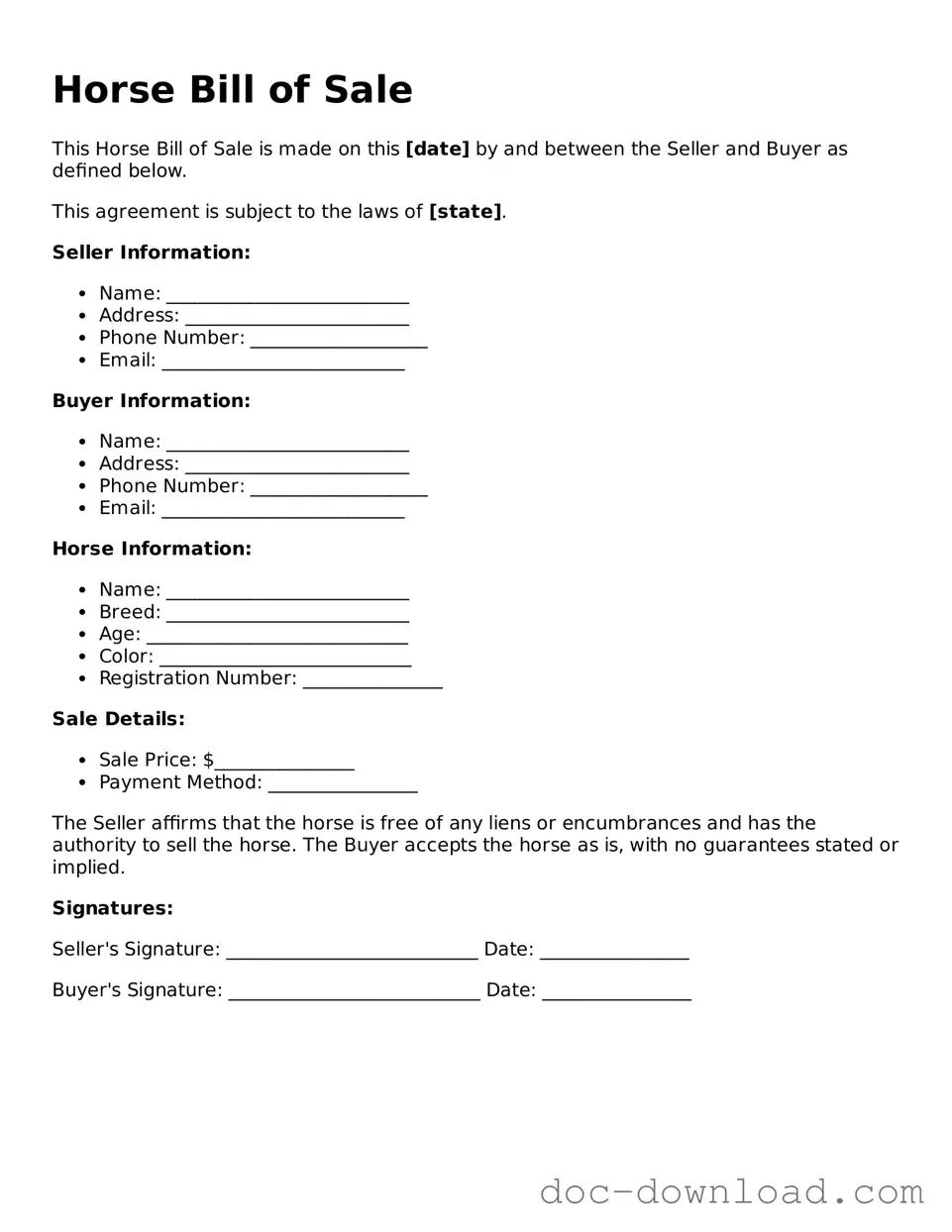 Printable Horse Bill of Sale Template