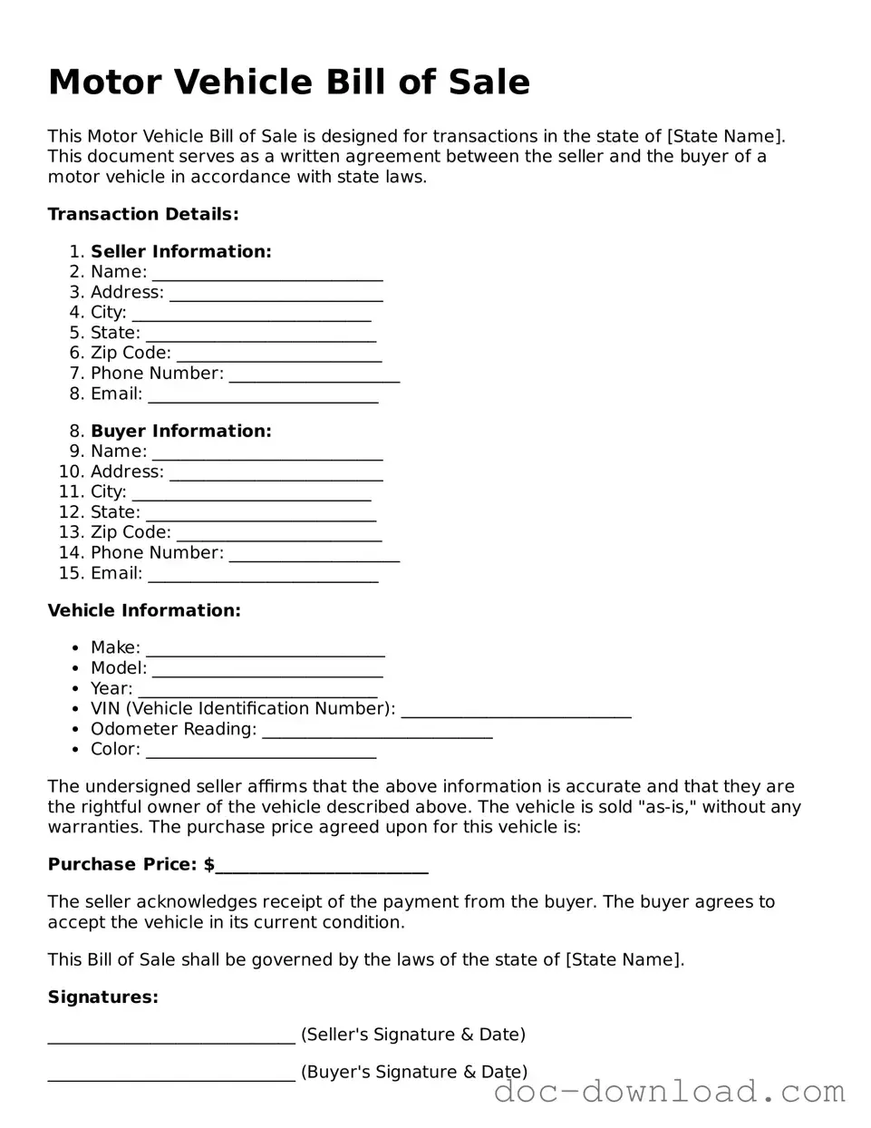 Printable Motor Vehicle Bill of Sale Template